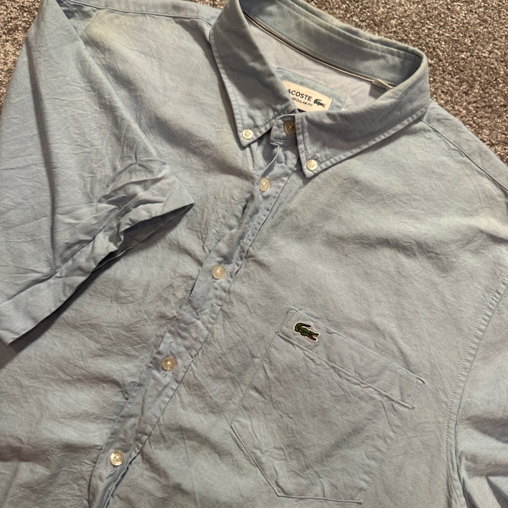 Lacoste Shirt Mens XL Blue Cotton Regular Fit Short Sleeve OCBD Preppy Oxford